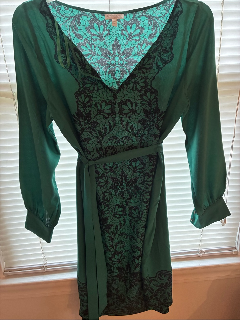 Green Lace-Detail V-Neck Wrap Dress by pea in a pod